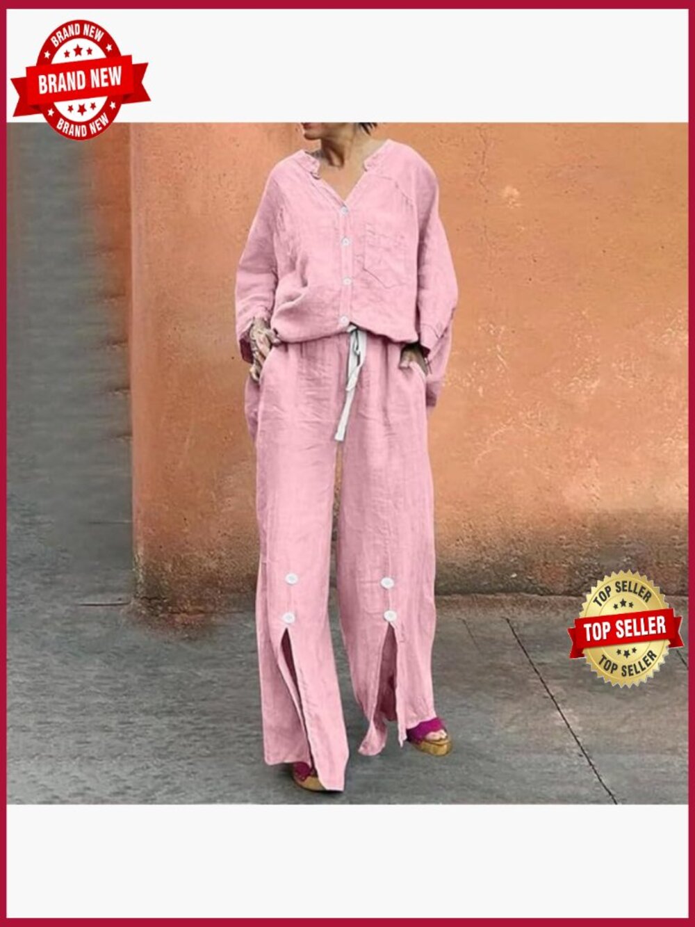 Two Piece Lounge Set: Button Cardigan & Wide Leg Pants, Polyester Cotton, Casual - Picture 5 of 6